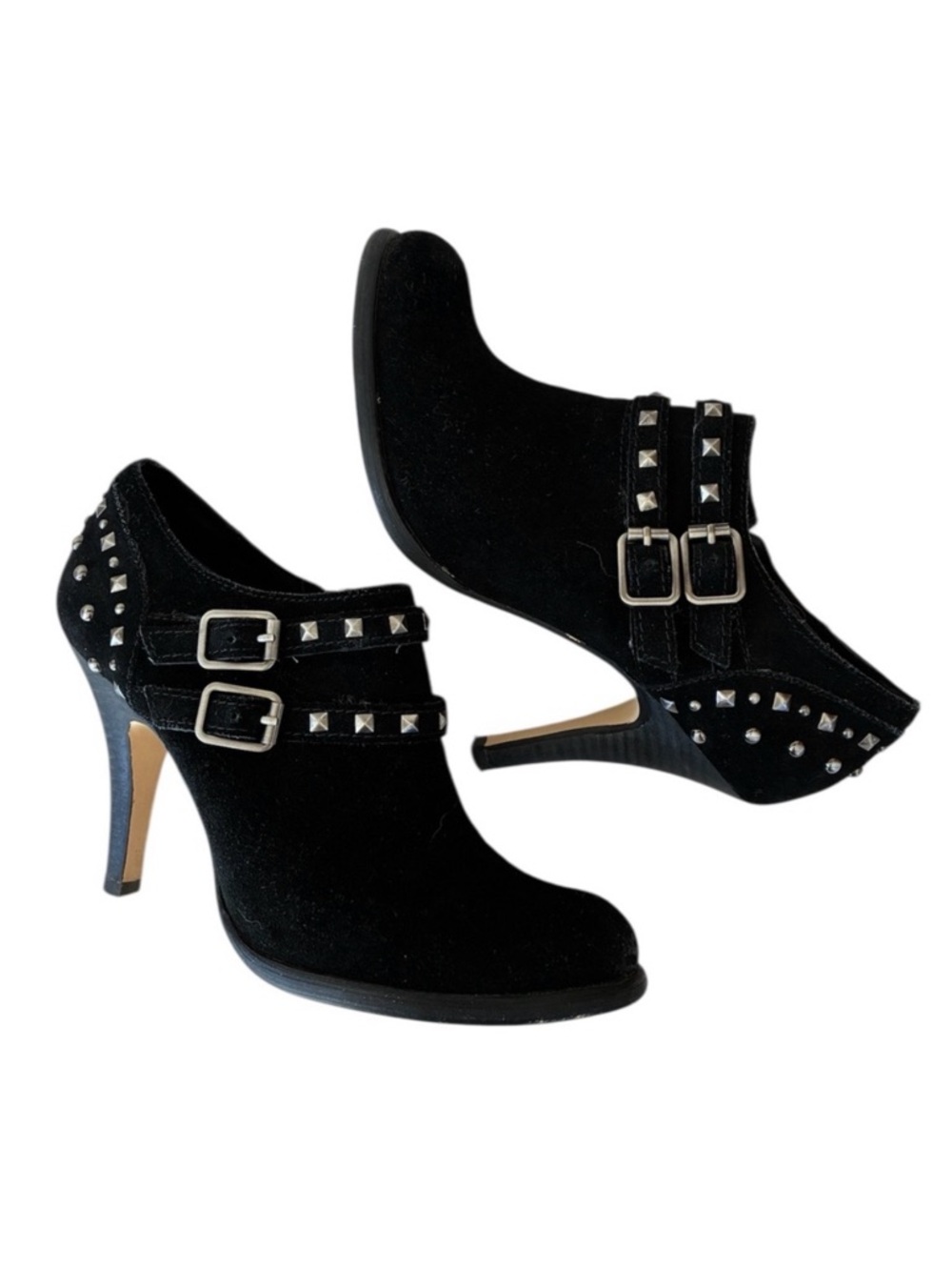 Seychelles Black Suede Heeled Booties with Buckles and Metal Studs